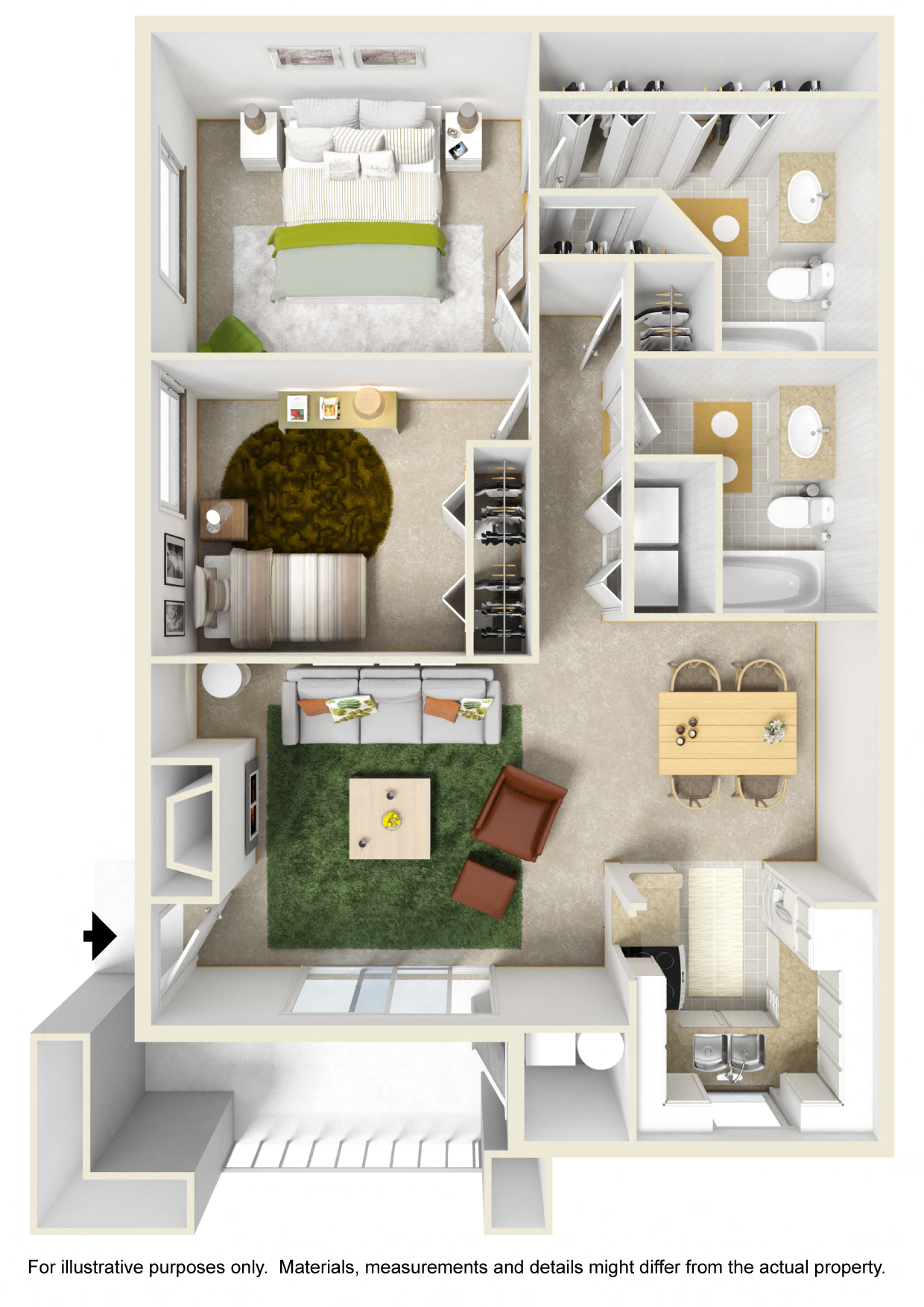 Floor plan for 2 beds, 2 baths, 1029 sqft